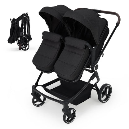 Lightweight double stroller for twins with reclining seats, adjustable canopy, 5-point harness, and high landscape design.