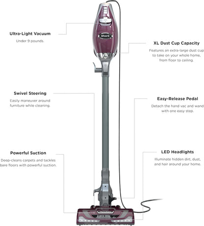 Shark Rocket Pet Plus Corded Stick Vacuum XL Dust Cup Handheld Conversion LED Headlights 8.6 lb Bordeaux/Silver HV322