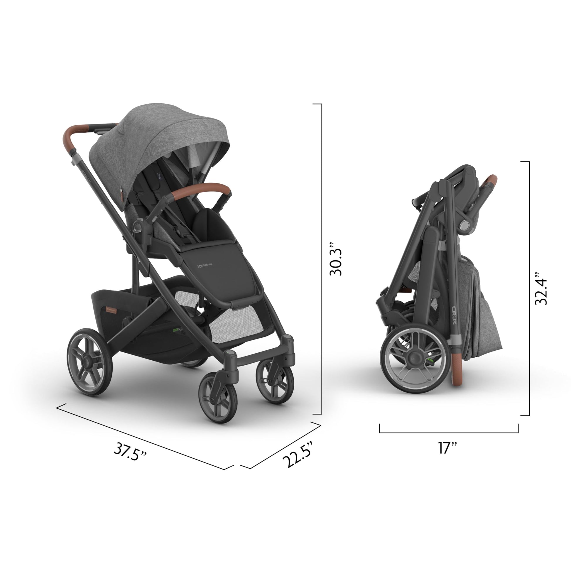 UPPAbaby Cruz V3 stroller in Greyson with reversible seat, infant insert, bug and rain shields, charcoal mélange and saddle leather accents.