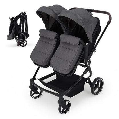 Pink double stroller for newborn and toddler with adjustable recline, canopy, lightweight fold, and parent cup holders.