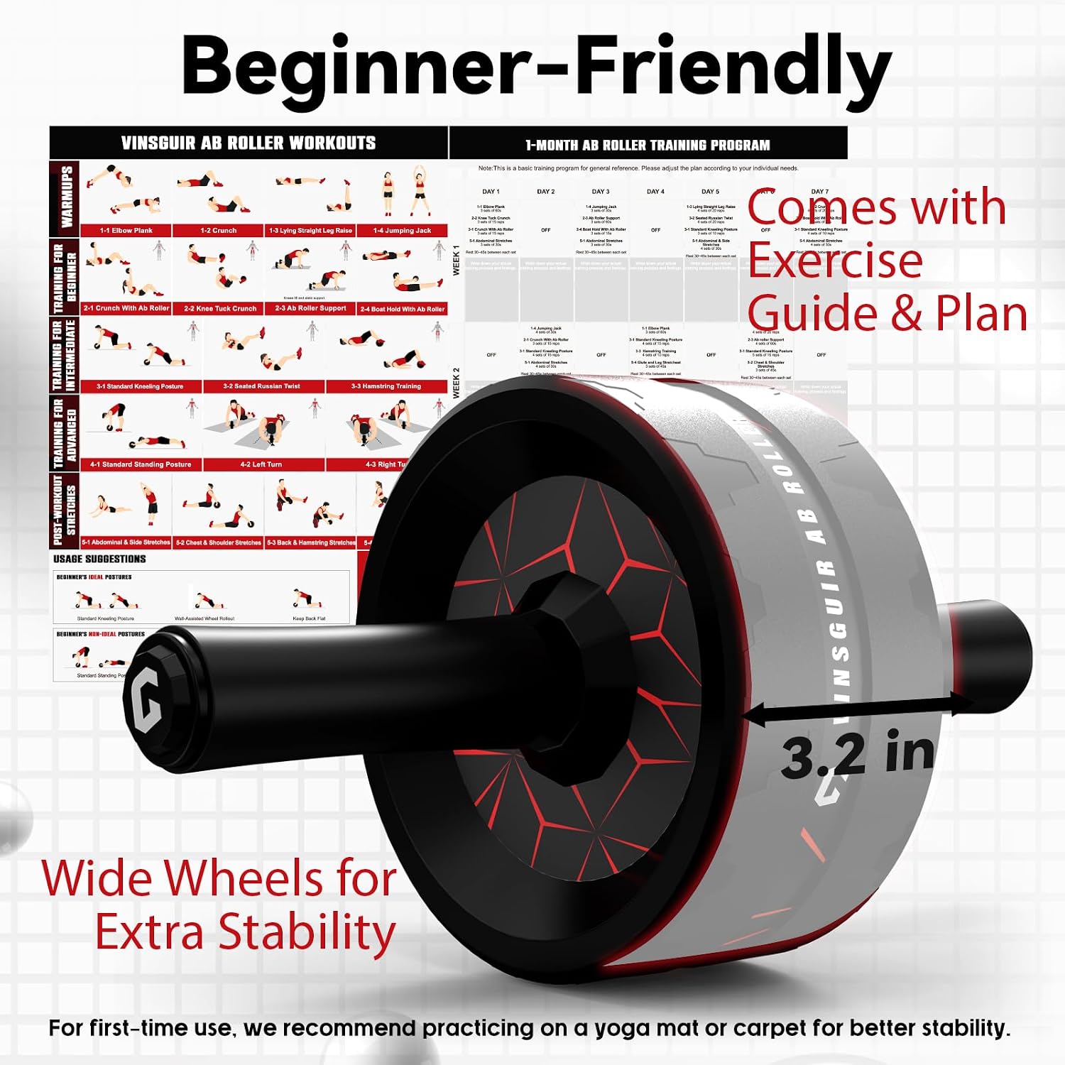 VINSGUIR Ab Roller Wheel Dual-Wide Core Strength Trainer with Knee Pad 440 lb Capacity