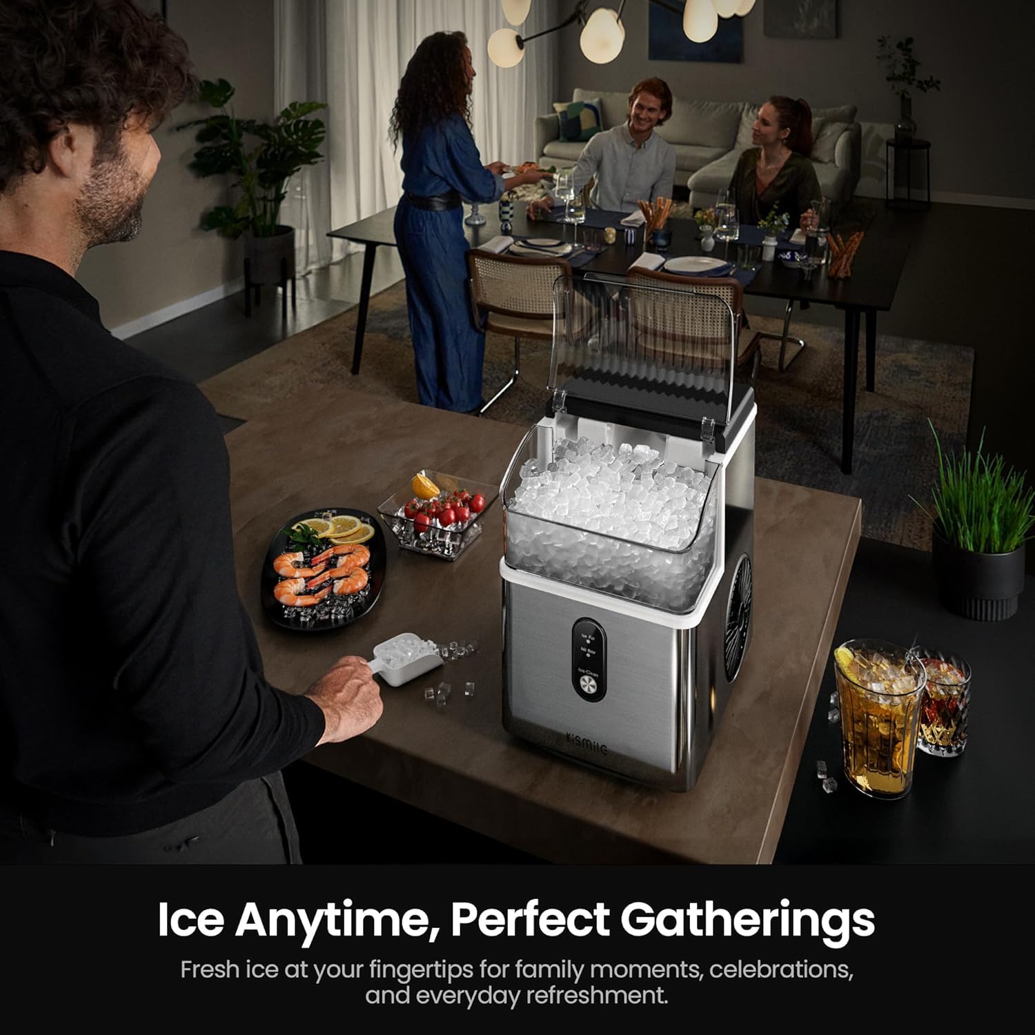 Kismile Nugget Ice Maker Countertop Chewable Pellet Ice Machine Self-Cleaning 35 lbs/Day Portable