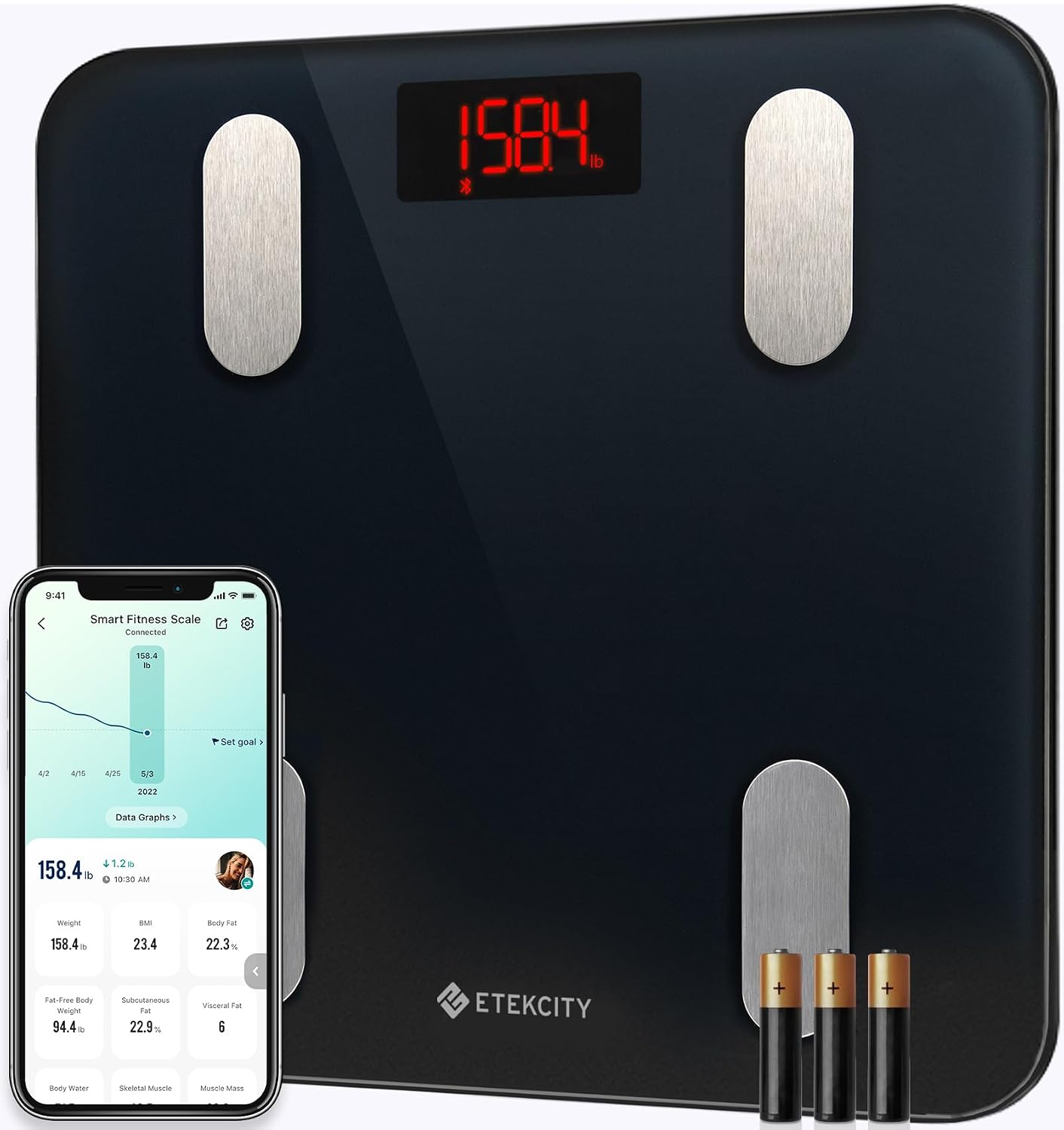 Etekcity Apex HR Smart Fitness Scale Wi-Fi Body Weight BMI Body Fat Muscle Mass Heart Rate TFT Display Tempered Glass 400 lb