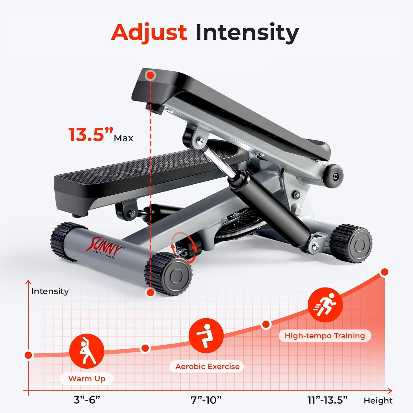 Sunny Health & Fitness Mini Stair Stepper with Resistance Bands Full Body Cardio Adjustable Height Hydraulic LCD 300 lb Capacity