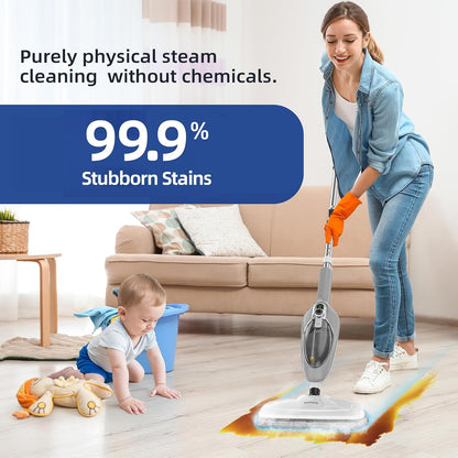 GorFanty GF-6610 10-in-1 MultiPurpose Handheld Steam Cleaner Detachable Floor Steamer Mop 1200W 300 ml Tank 23 ft Cord White/Grey