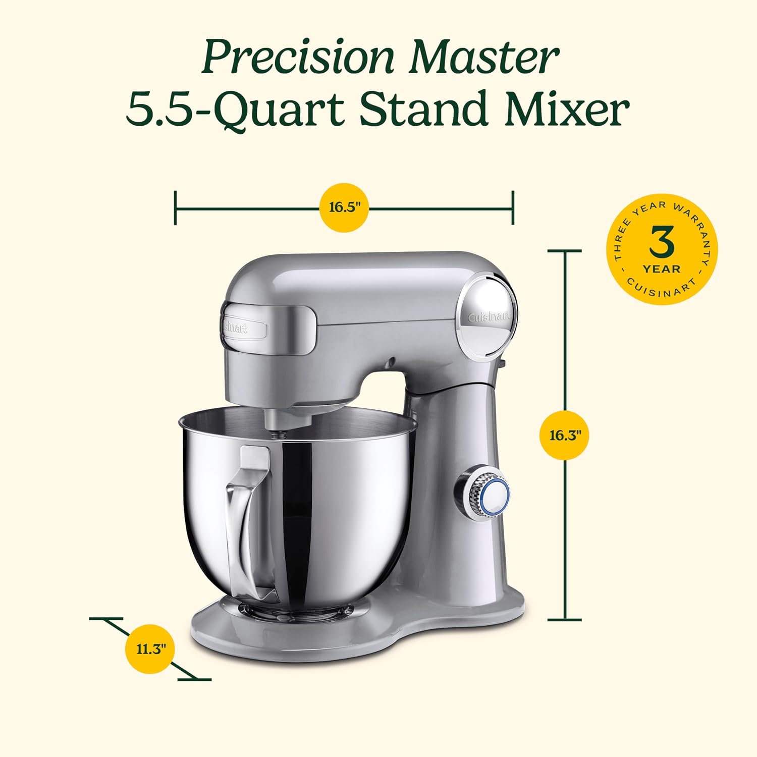 Cuisinart 5.5 Qt Stand Mixer 12-Speed 500W Tilt-Head Stainless Steel Bowl Whisk Dough Hook Paddle Splash Guard Silver Lining SM-50BC
