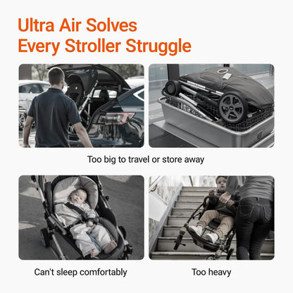 Lightweight MAMAZING Ultra Air baby travel stroller with carbon fiber frame, one-handed fold, suitable for toddlers, airplane-friendly.