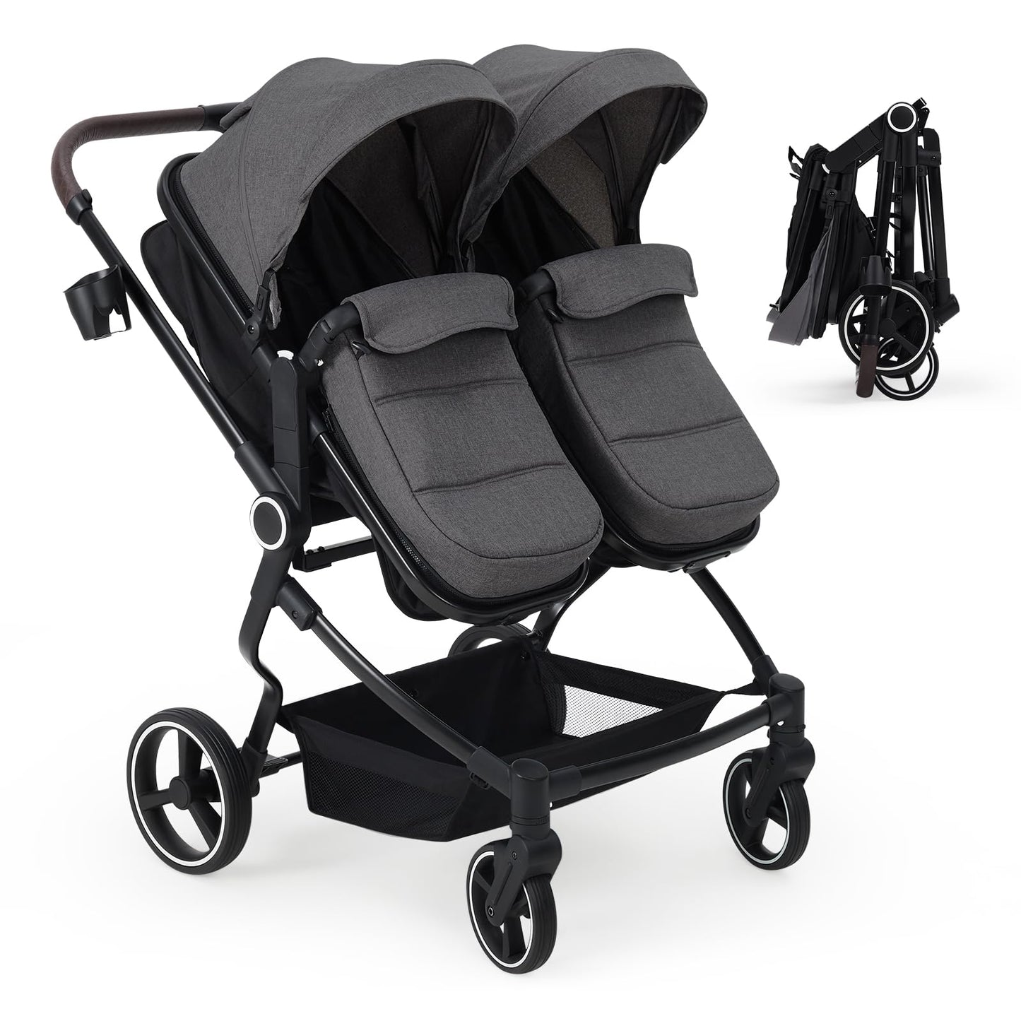 Pink double stroller for newborn and toddler, lightweight tandem design with adjustable recline, canopy, and parent cup holders.