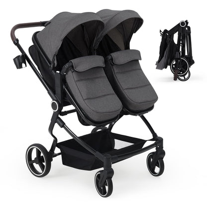 Pink double stroller for newborn and toddler, lightweight tandem design with adjustable recline, canopy, and parent cup holders.