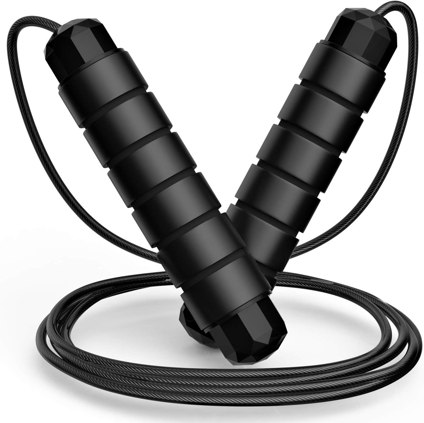 Loocio Tangle-Free Speed Jump Rope Adjustable Steel Cable with Ball Bearings Foam Handles for Men Women Kids Home Gym Fitness Black
