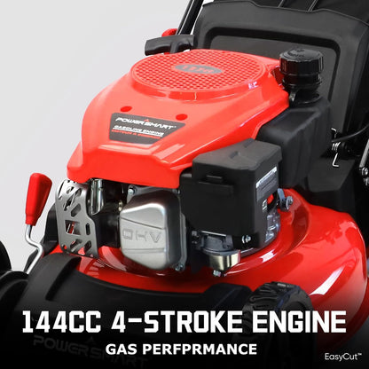 PowerSmart EasyCut 18-Inch 144cc Gas Push Lawn Mower 4-Cycle OHV Engine 3-in-1 Mulching Bagging Side Discharge Steel Deck 6-Position Height Adjustment Red DB8618P