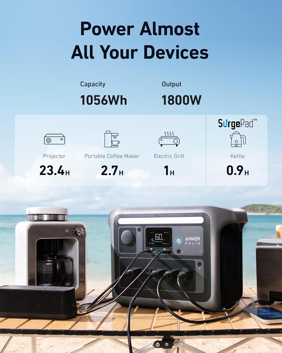 Anker SOLIX C1000 Portable Power Station 1800W Peak 2400W 1056Wh LiFePO4 Solar Generator Full Charge 58 Min 11 Ports
