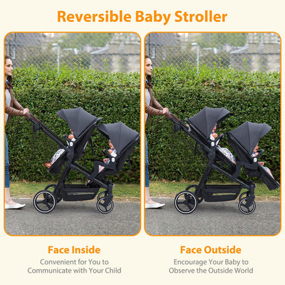 Dark grey tandem double stroller for newborn and toddler with reversible seats, adjustable canopy, 5-point harness, and large storage basket.