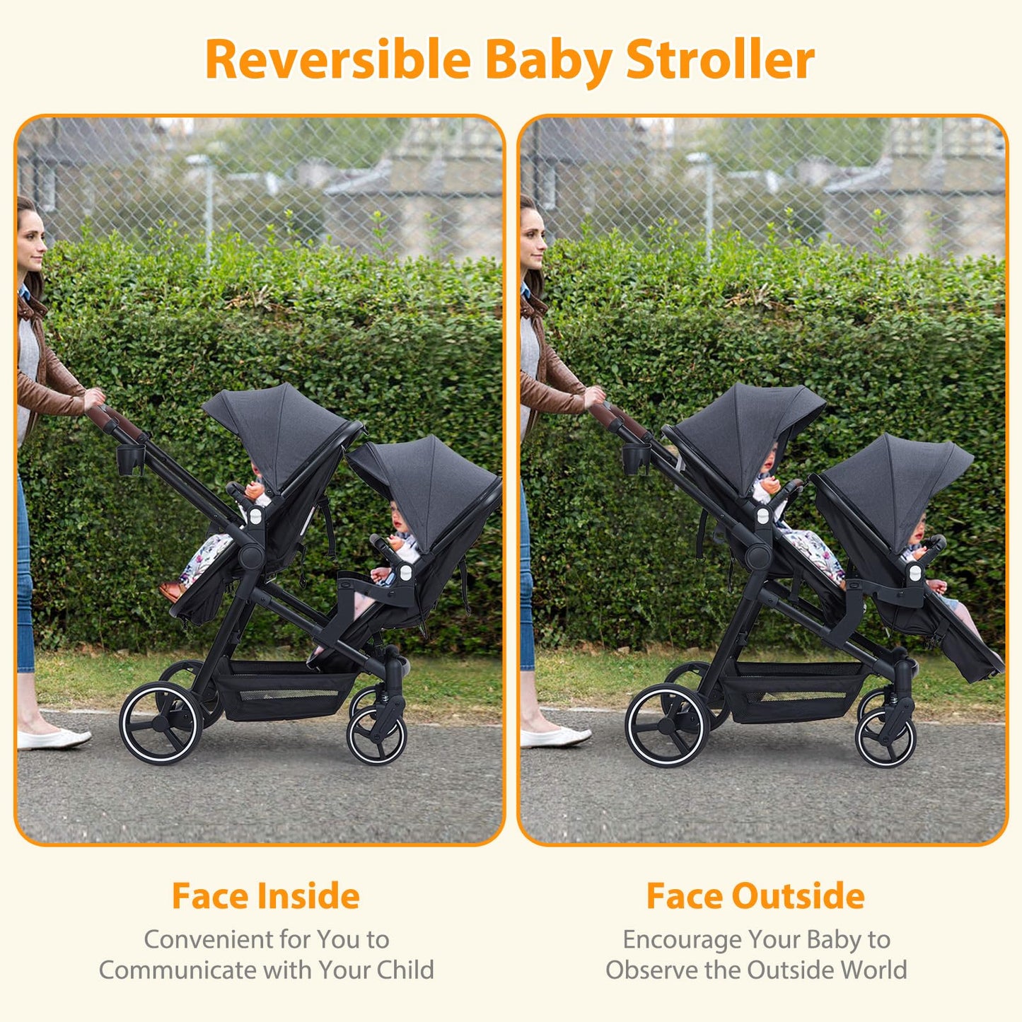 My Store double tandem stroller with foldable design, reversible seats, safety harness, adjustable backrests, canopy, and storage basket.
