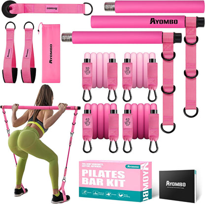Ayombo Pilates Bar Kit with Resistance Bands Adjustable 3-Section Portable Home Gym Equipment