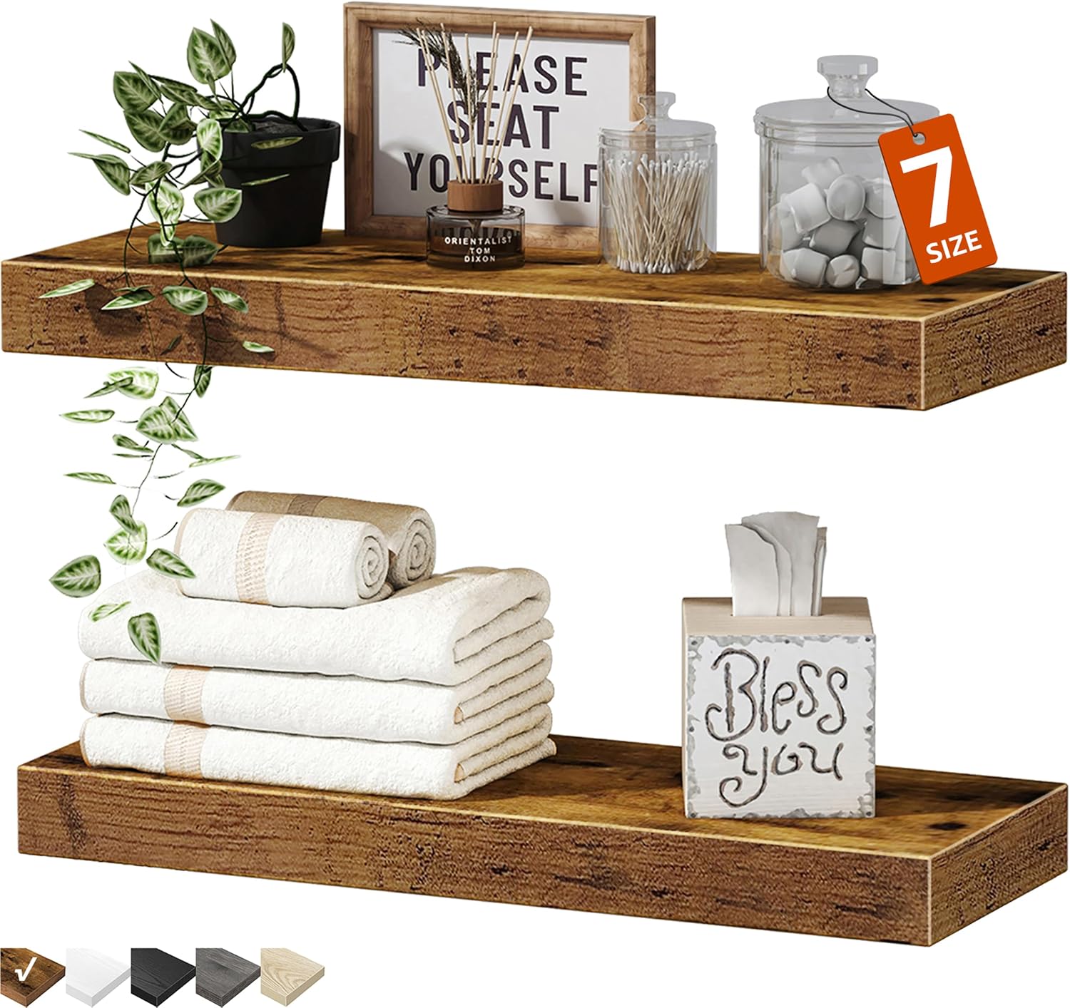 QEEIG Farmhouse Floating Shelves Wall Mounted 15.7 in Set of 2 Engineered Wood Rustic Brown 008-40BN