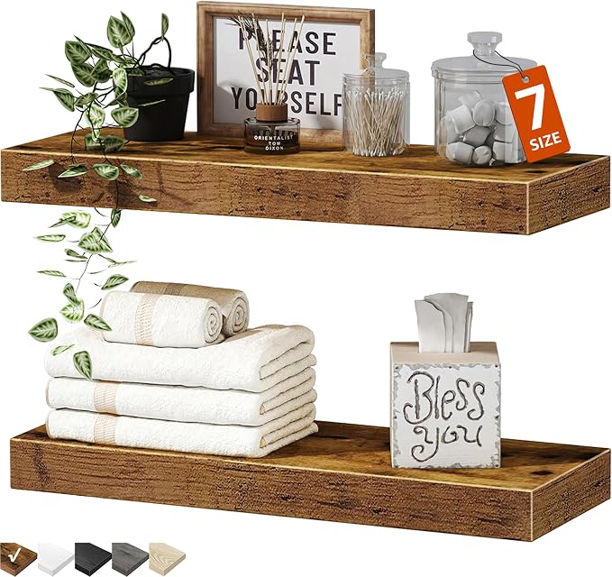 QEEIG Farmhouse Floating Shelves Wall Mounted 15.7 in Set of 2 Engineered Wood Rustic Brown 008-40BN