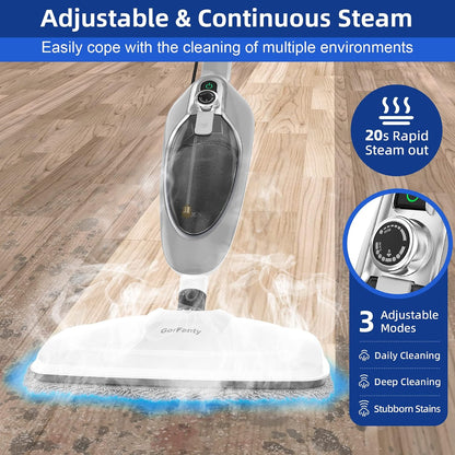 GorFanty GF-6610 10-in-1 MultiPurpose Handheld Steam Cleaner Detachable Floor Steamer Mop 1200W 300 ml Tank 23 ft Cord White/Grey