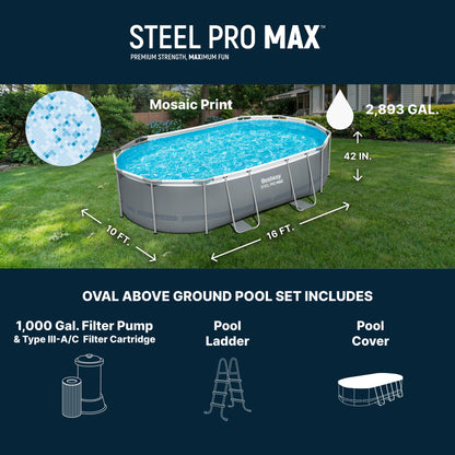 Steel Pro MAX 16' x 10' x 42" Above Ground Pool, Oval Metal Frame Outdoor Swimming Pool