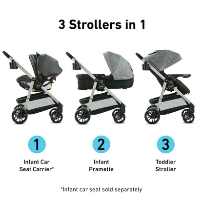 Graco Modes Pramette travel system with infant SnugRide 35 car seat, modular stroller combo in Ellington color, suitable for newborns to toddlers.