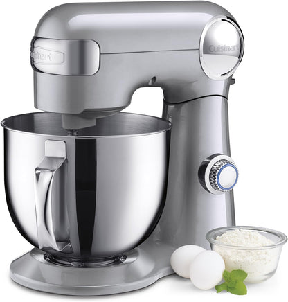 Cuisinart 5.5 Qt Stand Mixer 12-Speed 500W Tilt-Head Stainless Steel Bowl Whisk Dough Hook Paddle Splash Guard Silver Lining SM-50BC