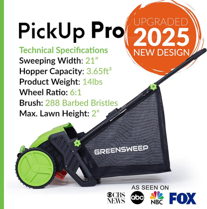 GreenSweep Pickup Pro V26 Push Lawn Sweeper 21-Inch Cutting Width 14 lb Manual Polypropylene Green GS-PP2V26