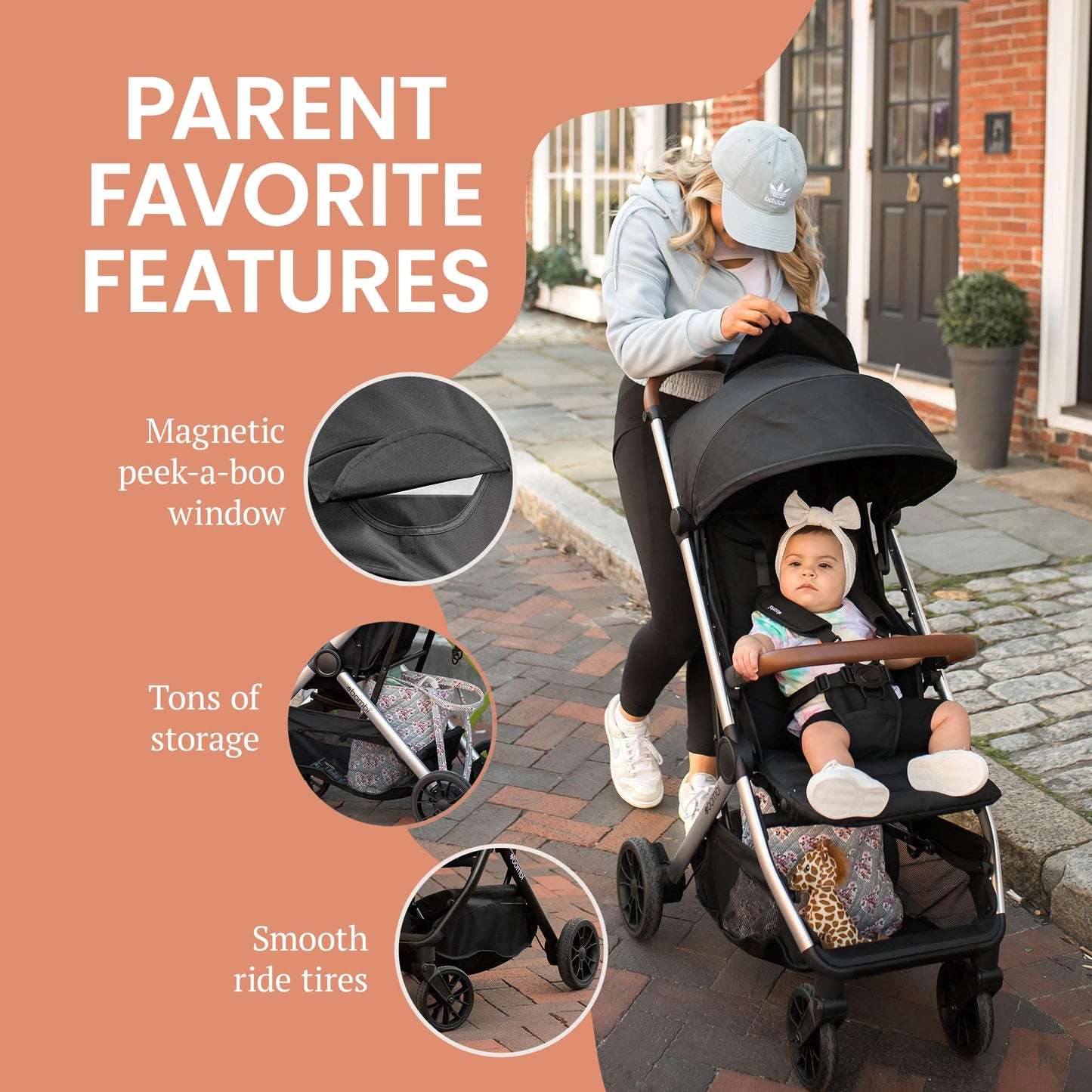 Lightweight Bombi Bēbee V2 baby stroller with vegan leather, one-hand fold, large canopy, aluminum frame, and ample storage.