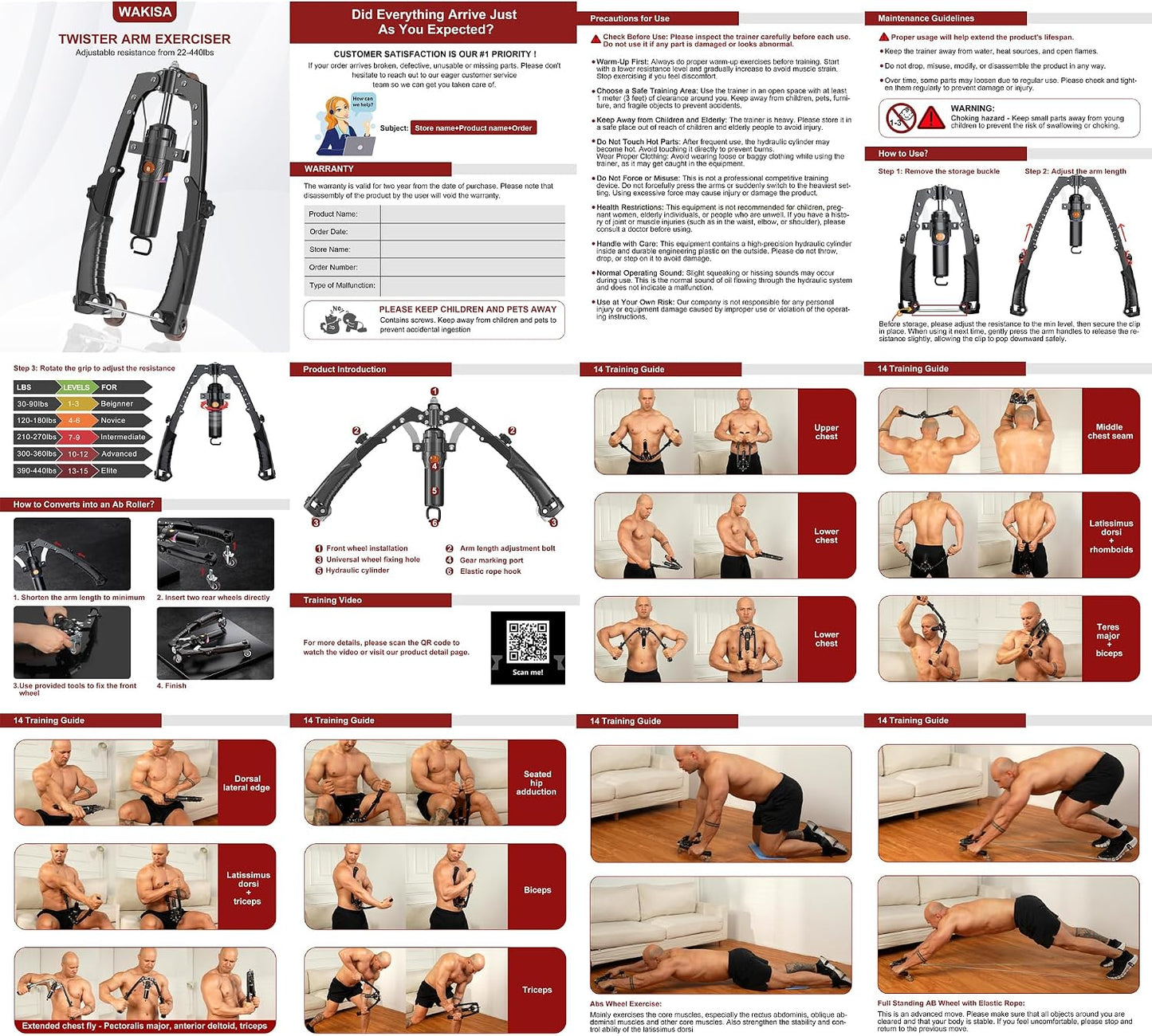 Hydraulic Twister Arm Trainer 22-440 lbs Adjustable 3-in-1 Chest Workout Equipment with Ab Roller
