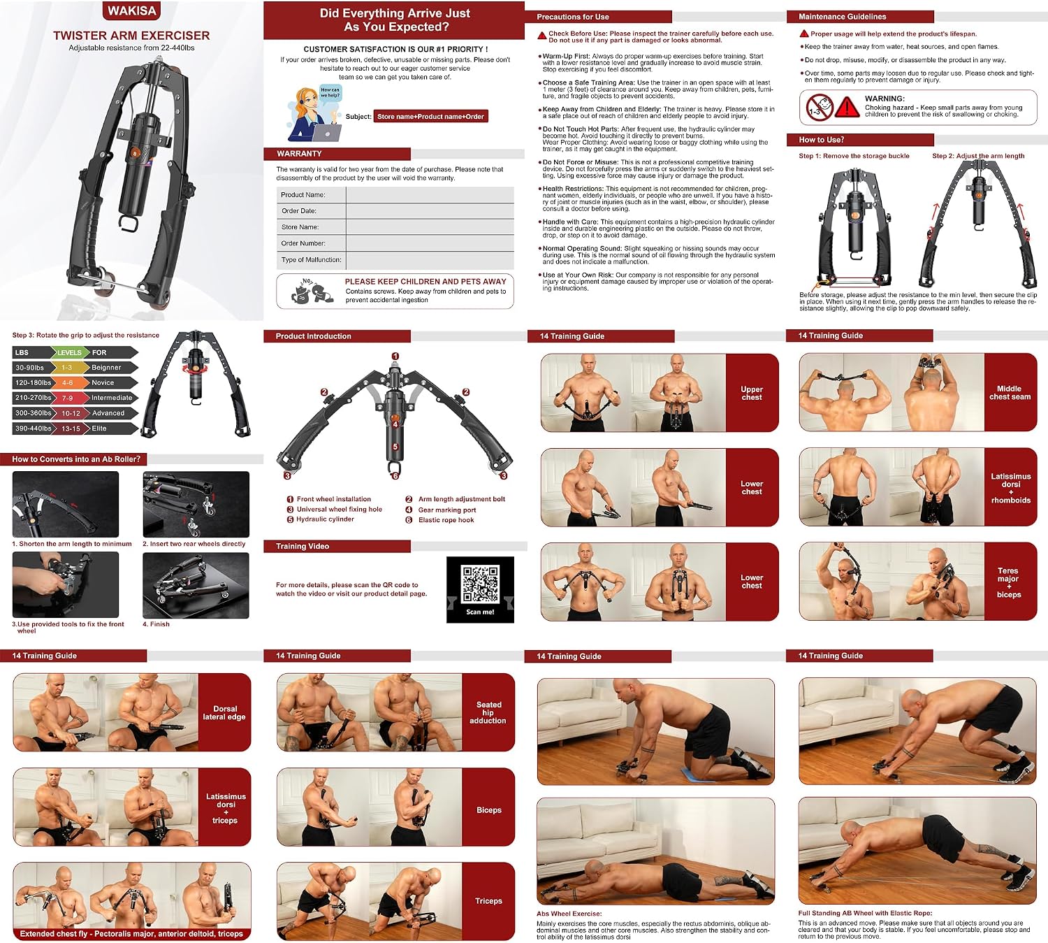 Hydraulic Twister Arm Trainer 22-440 lbs Adjustable 3-in-1 Chest Workout Equipment with Ab Roller
