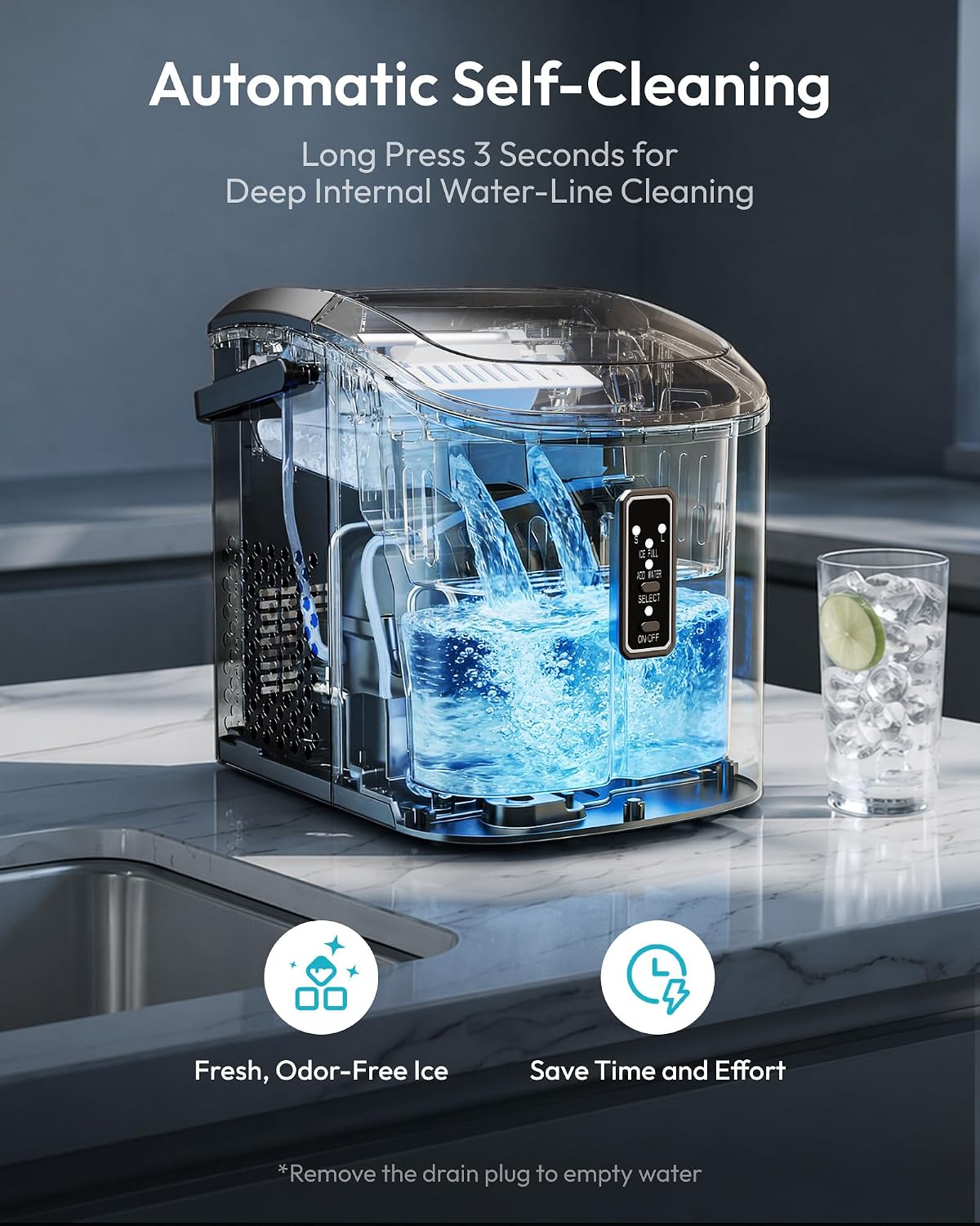 EUHOMY Countertop Ice Maker 26 lbs/Day 9 Cubes in 6 Mins Self-Cleaning Portable with Handle Scoop 2 Sizes