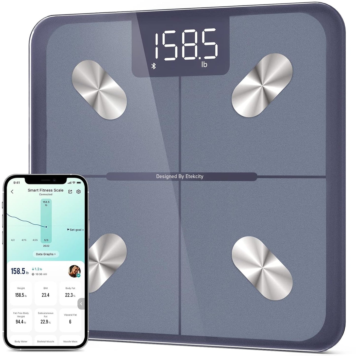 Etekcity Apex HR Smart Fitness Scale Wi-Fi Body Weight BMI Body Fat Muscle Mass Heart Rate TFT Display Tempered Glass 400 lb