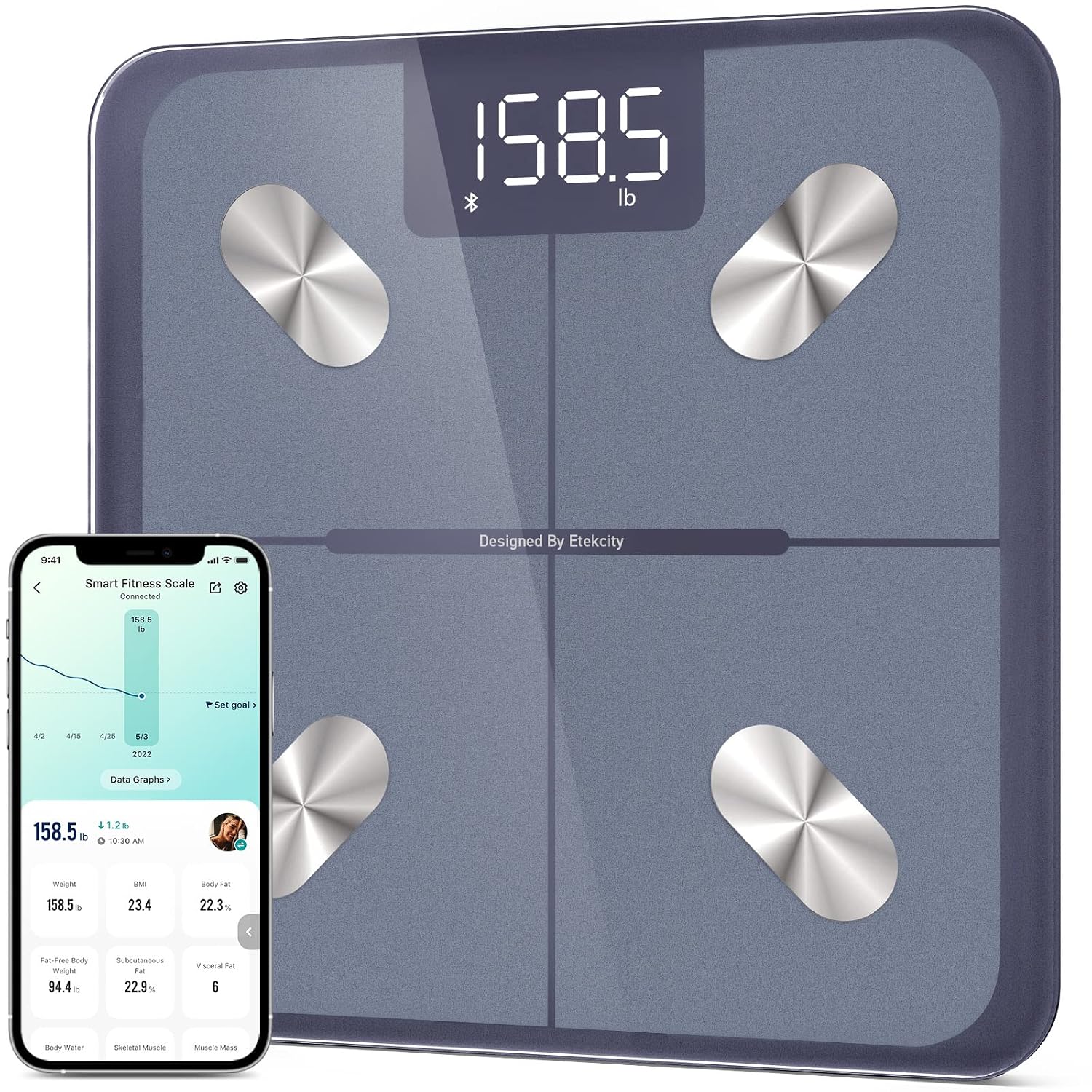 Etekcity Apex HR Smart Fitness Scale Wi-Fi Body Weight BMI Body Fat Muscle Mass Heart Rate TFT Display Tempered Glass 400 lb