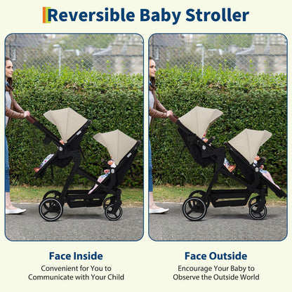 Black tandem stroller with reversible seats, adjustable canopy, large storage basket, and one-hand fold for twins and newborns.