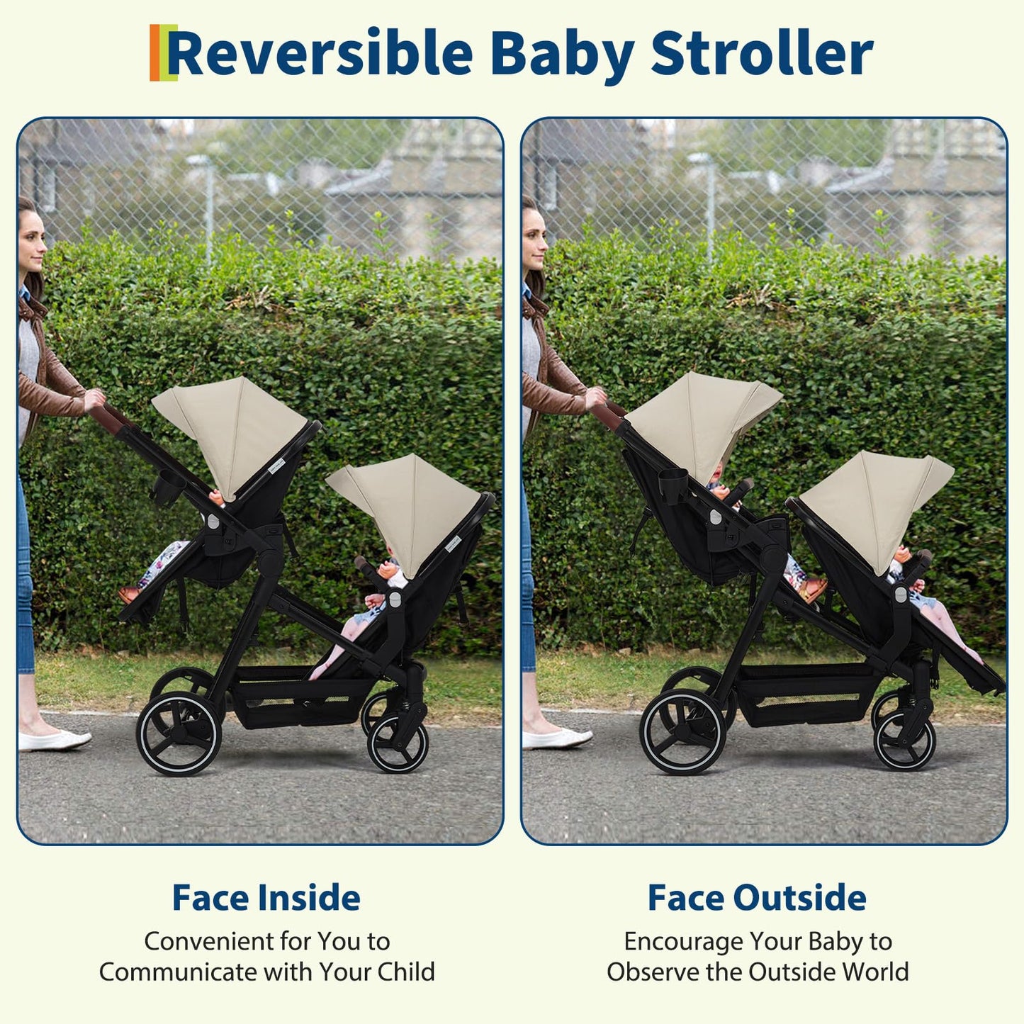 Dark grey tandem double stroller with reversible seats, adjustable canopy, 5-point harness, large storage basket, and one-hand fold.