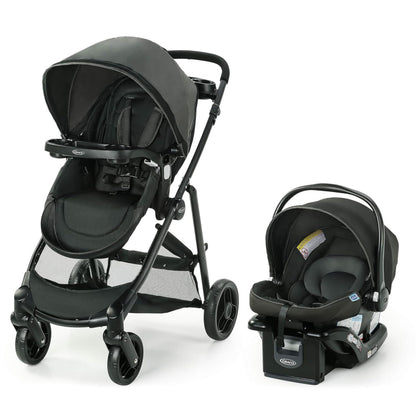 Graco Modes Element Canter travel system stroller with car seat and adjustable handle, featuring a compact fold and fabric details