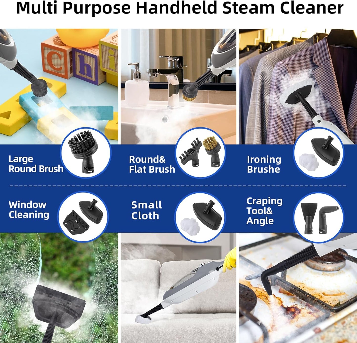 GorFanty GF-6610 10-in-1 MultiPurpose Handheld Steam Cleaner Detachable Floor Steamer Mop 1200W 300 ml Tank 23 ft Cord White/Grey