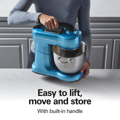 Electric Stand Mixer, 4 Quarts, Dough Hook, Flat Beater Attachments, Splash Guard, 7 Speeds with Whisk, Easy-Carry Top Handle, Blue