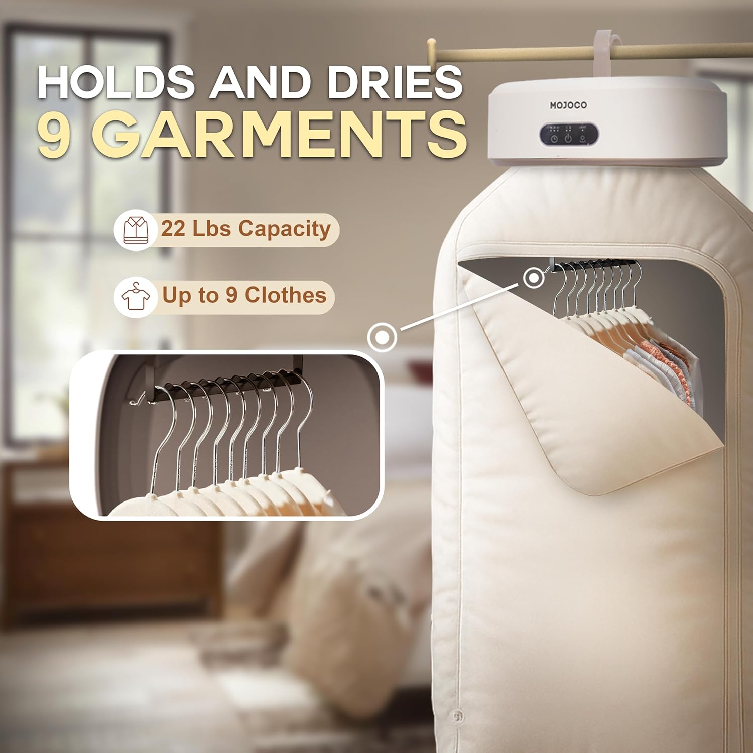 MOJOCO Portable Clothes Dryer 600W Compact 22 lb Capacity with LED UV Sanitizer Quiet Timer for Apartment Travel