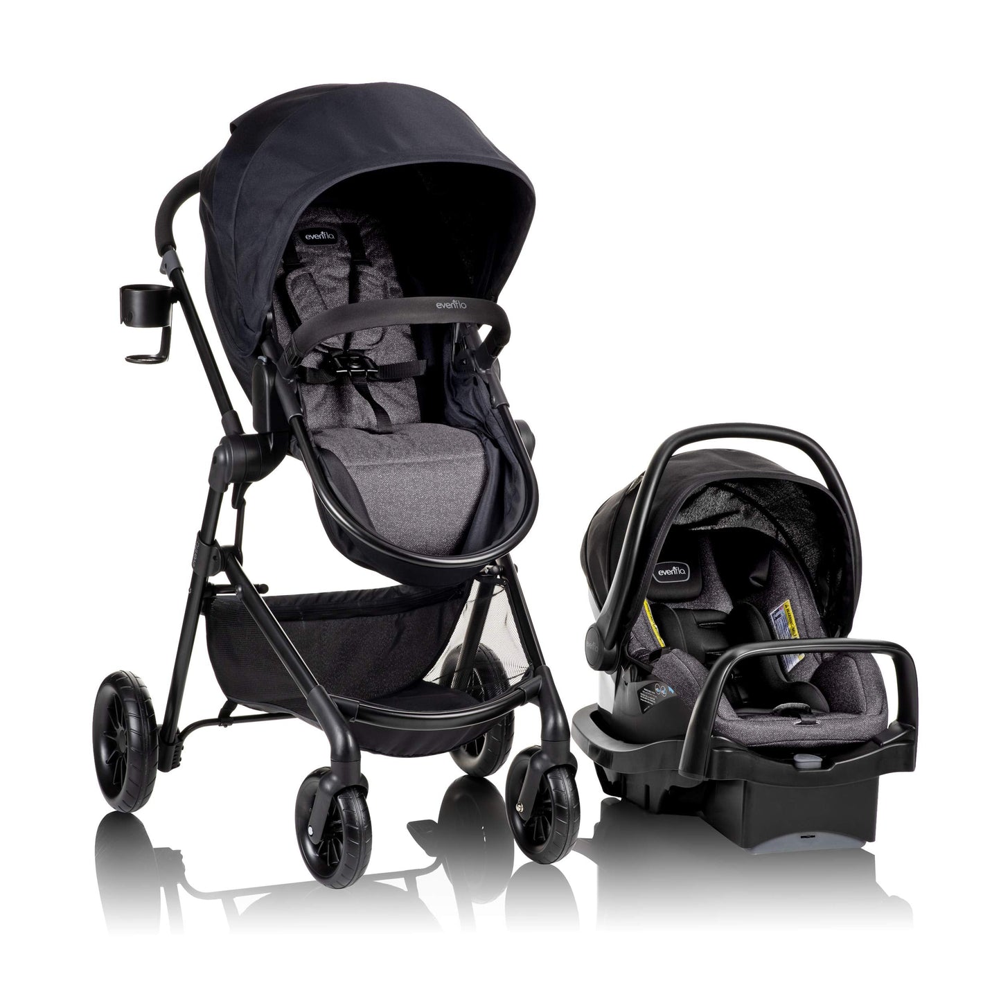Evenflo Pivot Modular Travel System with SafeMax Car Seat, featuring a stroller with adjustable seat and car seat attachment.