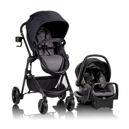 Evenflo Pivot Modular Travel System with SafeMax Car Seat, featuring a stroller with adjustable seat and car seat attachment.