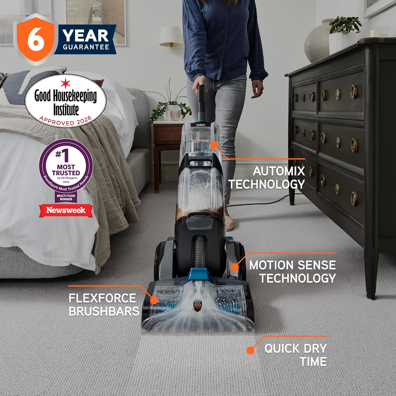Vax Platinum SmartWash Upright Carpet & Upholstery Cleaner CDCW-SWXS Stain & Odour Removal 3.5 L 16.3 lb Charcoal/Blue