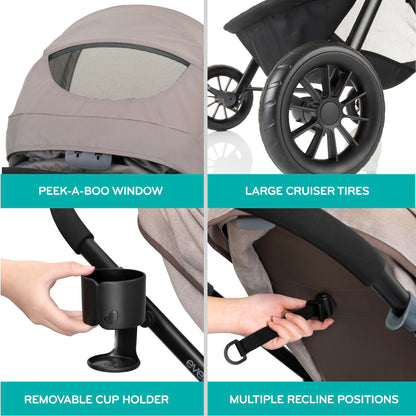Evenflo Pivot Modular Travel System with LiteMax Preemie and Infant Car Seat in casual gray, featuring stroller and car seat attachments