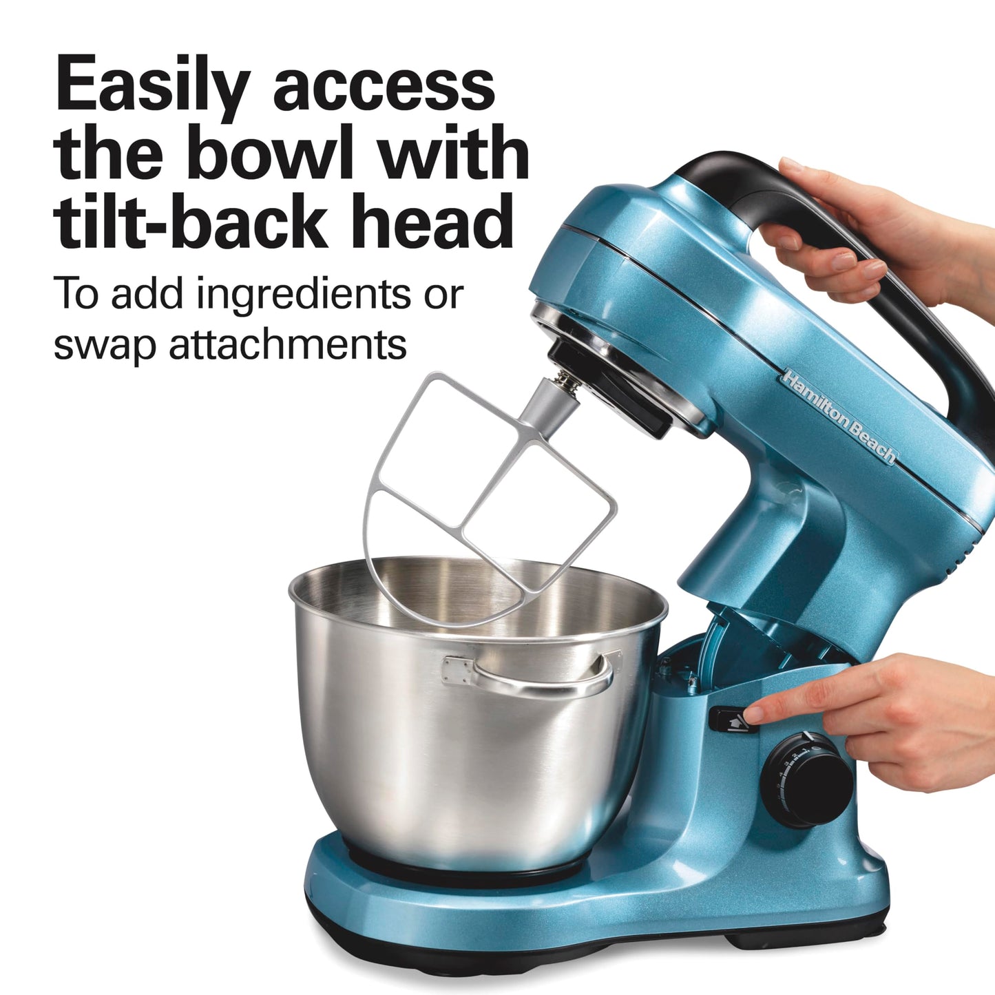 Electric Stand Mixer, 4 Quarts, Dough Hook, Flat Beater Attachments, Splash Guard, 7 Speeds with Whisk, Easy-Carry Top Handle, Blue