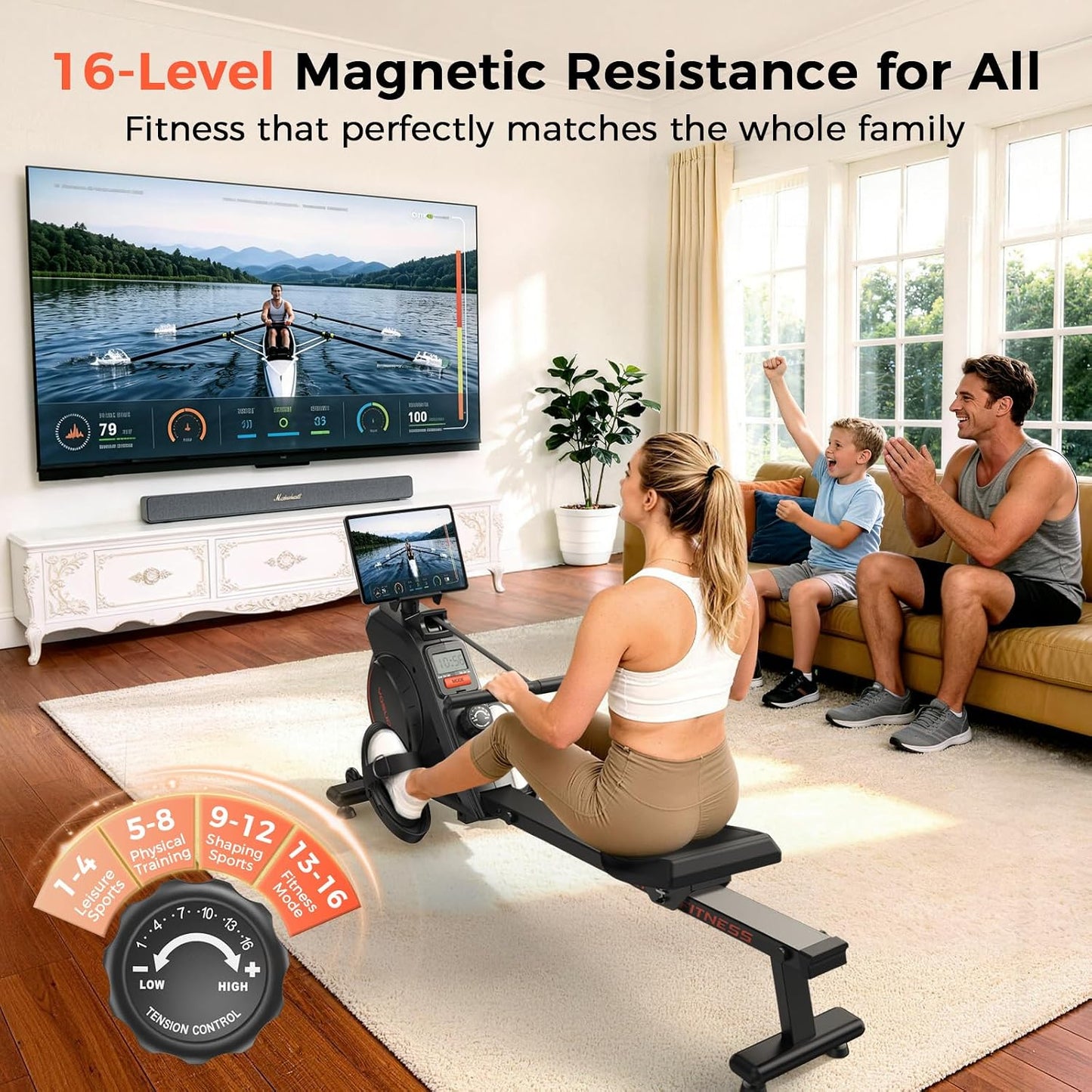 YOSUDA Magnetic Rowing Machine 16-Level Resistance Bluetooth App LCD Monitor 350 lb Capacity