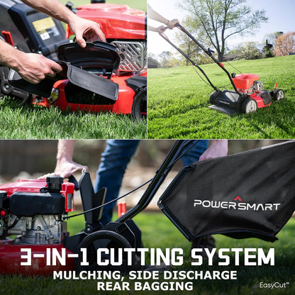 PowerSmart EasyCut 18-Inch 144cc Gas Push Lawn Mower 4-Cycle OHV Engine 3-in-1 Mulching Bagging Side Discharge Steel Deck 6-Position Height Adjustment Red DB8618P