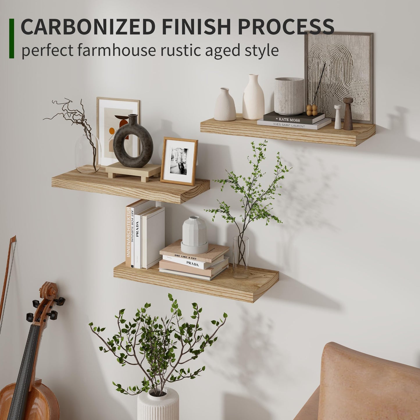 Wood Floating Wall Shelves Set of 3 – 17", Carbonized Black