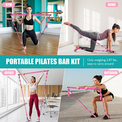Ayombo Pilates Bar Kit with Resistance Bands Adjustable 3-Section Portable Home Gym Equipment