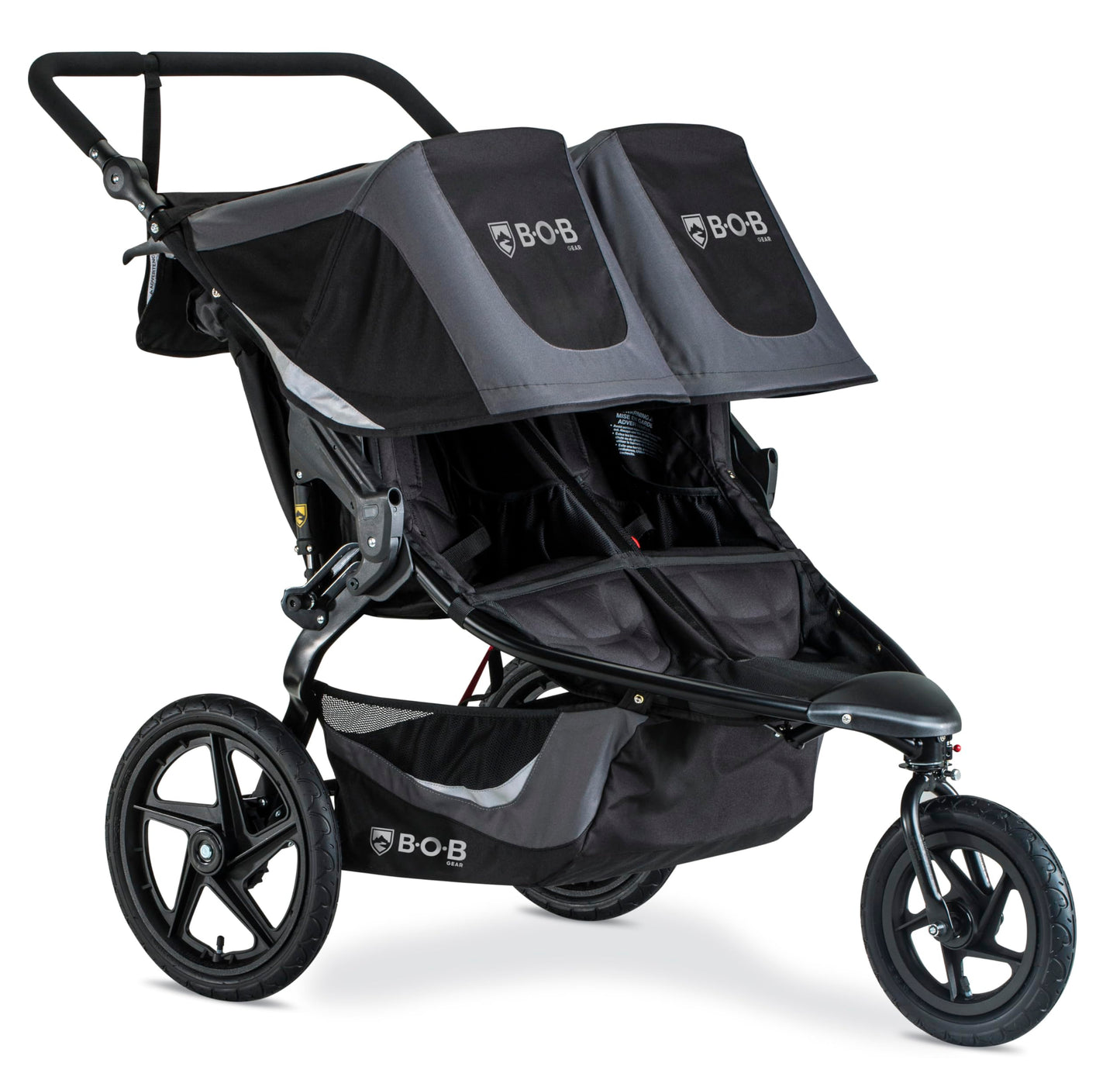 My Store BOB Gear Revolution Flex 3.0 Duallie jogging stroller in graphite black, showing the double stroller with adjustable handlebars.