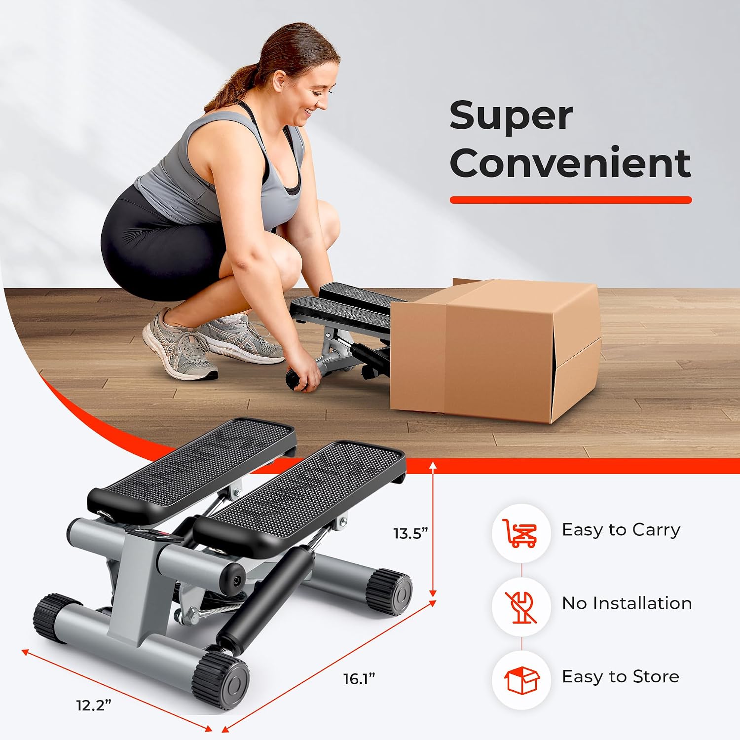 Sunny Health & Fitness Mini Stair Stepper with Resistance Bands Full Body Cardio Adjustable Height Hydraulic LCD 300 lb Capacity