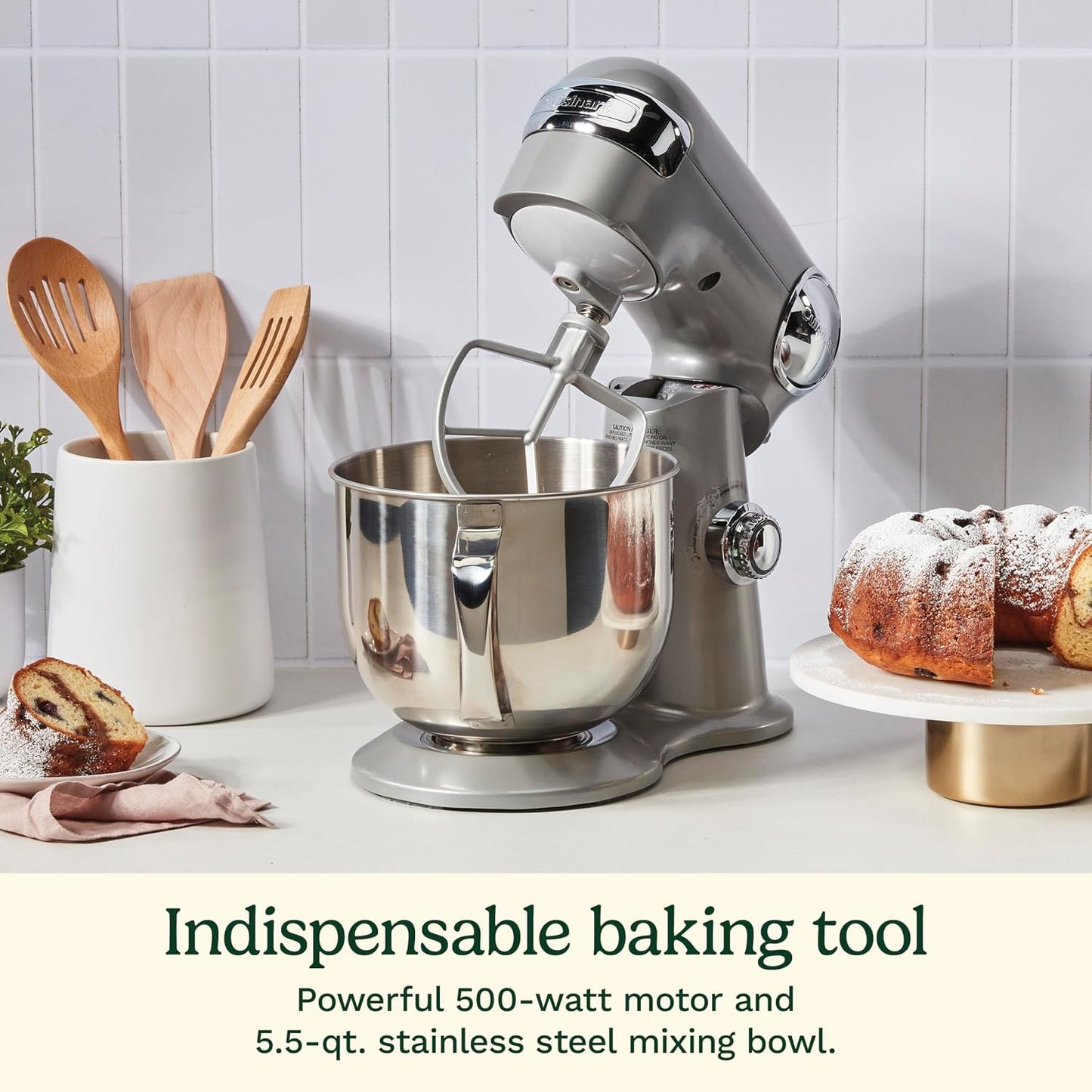 Cuisinart 5.5 Qt Stand Mixer 12-Speed 500W Tilt-Head Stainless Steel Bowl Whisk Dough Hook Paddle Splash Guard Silver Lining SM-50BC